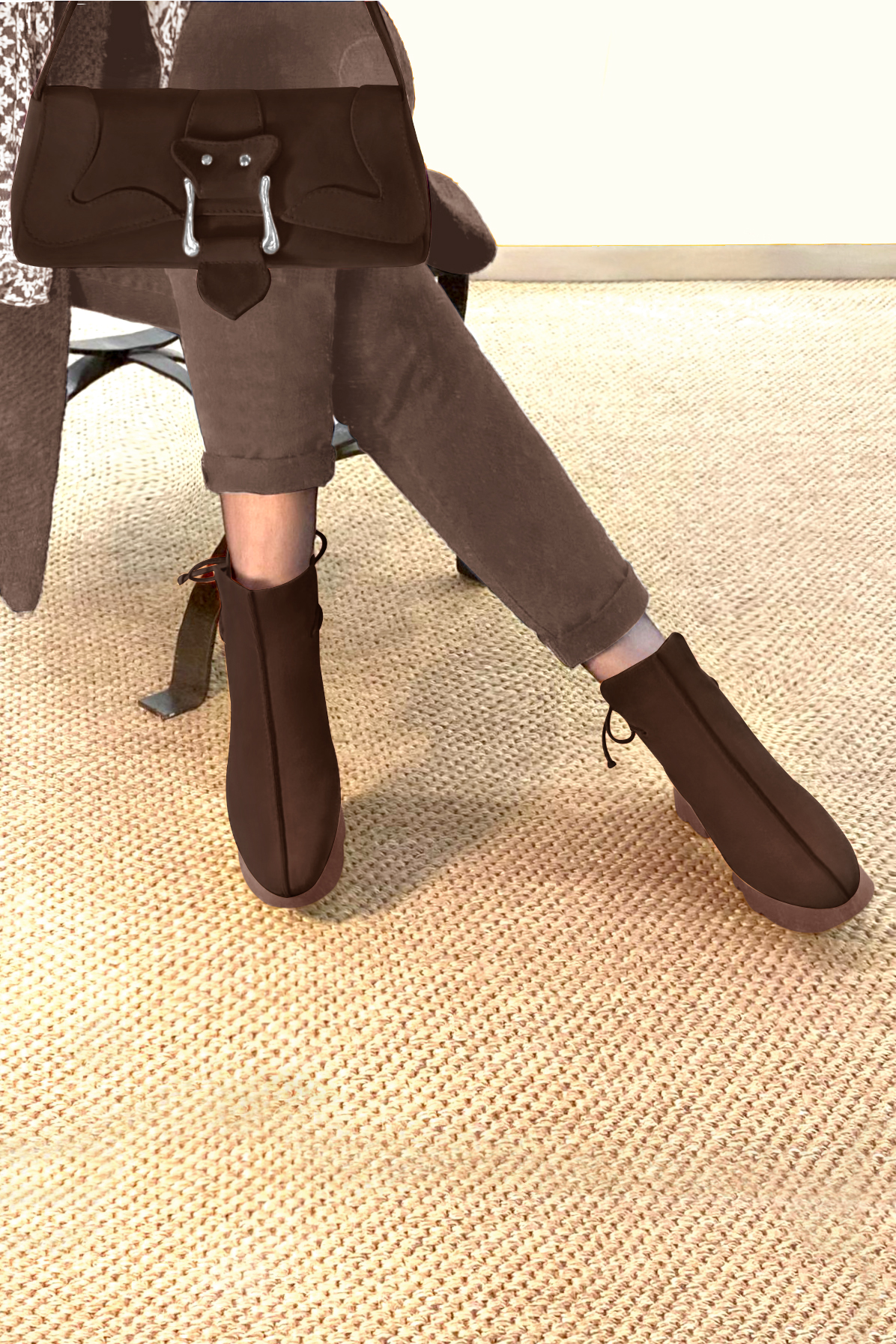 Dark brown women's ankle boots with laces at the back. Round toe. Low rubber soles. Top view - Florence KOOIJMAN